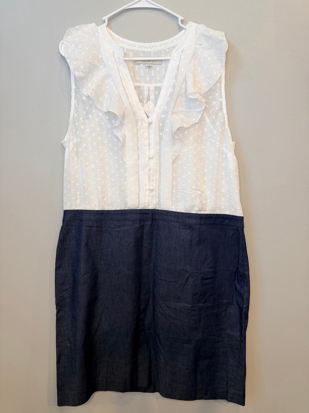 Loft Mixed Media Twofer Dress White Ruffle Eyelet Chambray Skirt Size 18